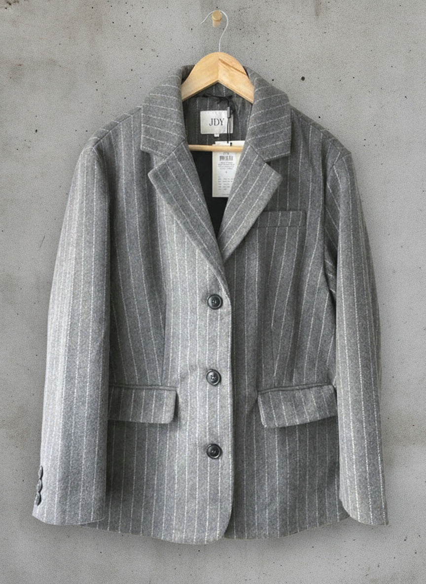 Women’s JDY Pine stripe 100% Wool Oversized Blazer Jacket In Grey - Small - 2331