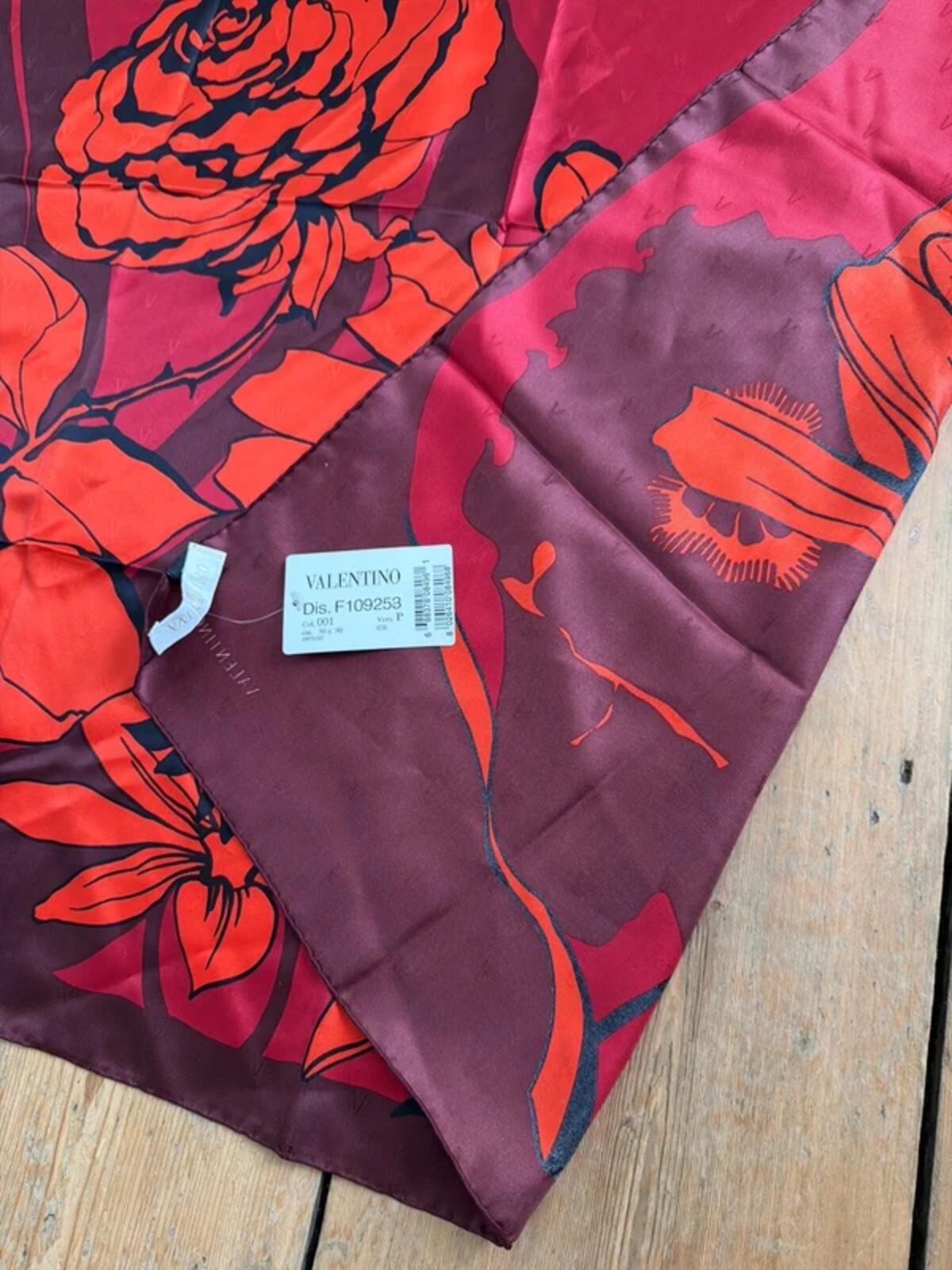 Valentino 100% Silk Floral Print Headscarf Bandanna In Burgundy - 3340