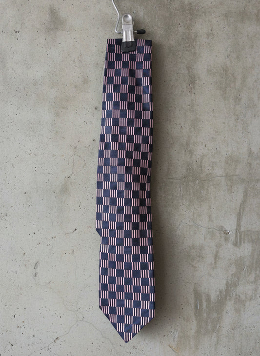 Unisex Vintage 100% Italian Silk Tie In Navy and Purple Checkered Pattern - 3843