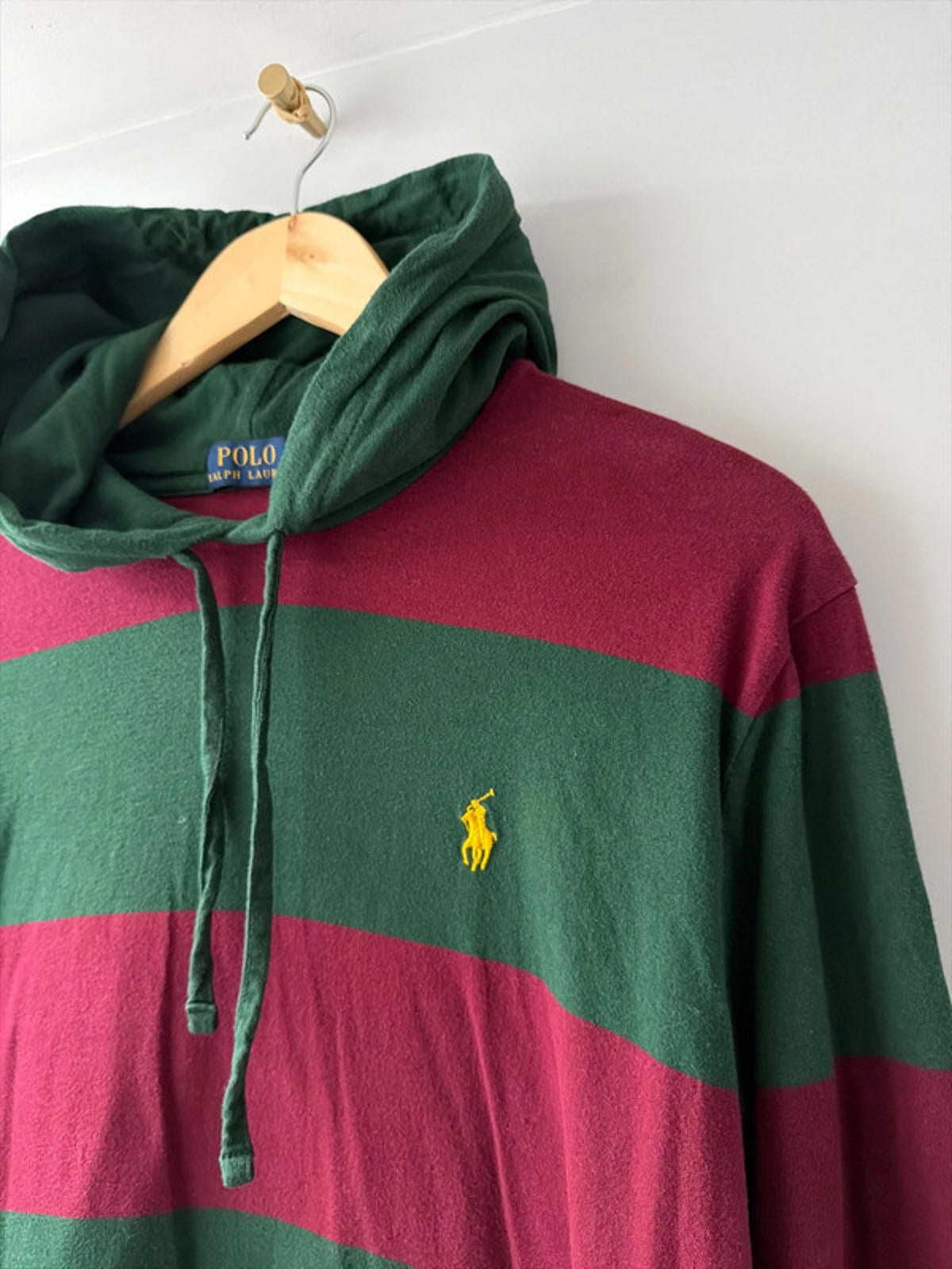 Men’s Ralph Lauren Stripped Hooded Rugby Top In Burgundy/Green - Medium - 2682