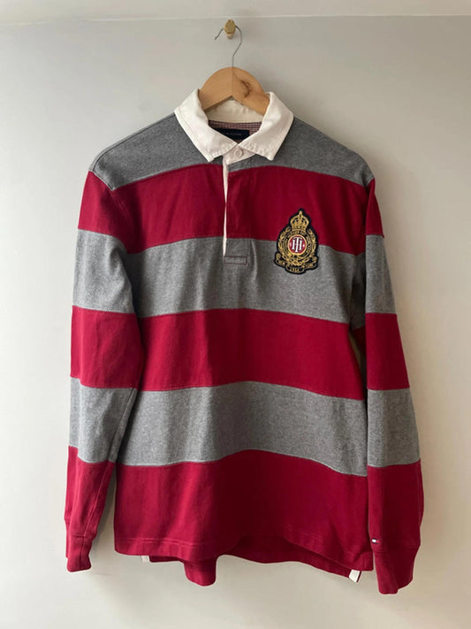 Men’s Tommy Hilfiger Stripped Rugby Polo Top In Grey/Red - Medium - 2533