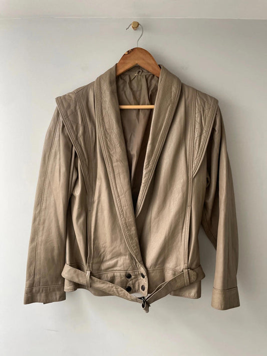 Women’s Premium Leather Vintage Jacket Coat With Belt In Beige - Small - 2426
