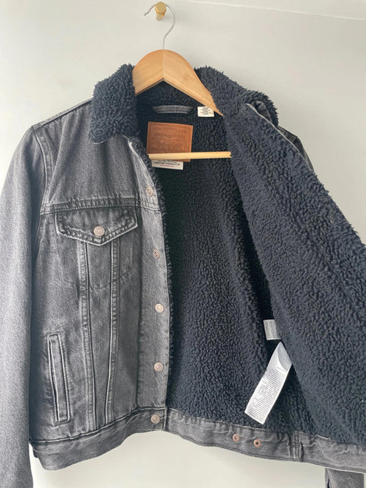 Womens Levi's Denim Trucker Jacket Coat With Borg Lining In Black - Small - 2311