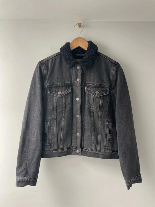Womens Levi's Denim Trucker Jacket Coat With Borg Lining In Black - Small - 2311