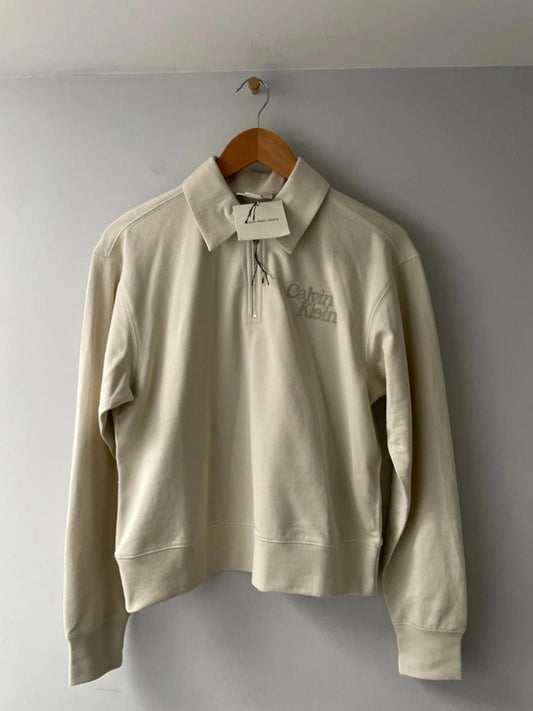 Mens Calvin Klein 1/4 Zip Rugby Polo Sweatshirt In Cream - Small- 2326