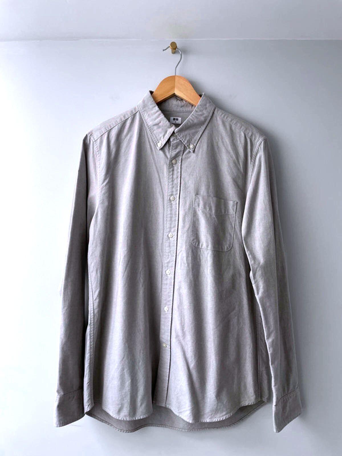 Men’s Uniqlo Slim Fit Long Sleeve Oxford Chambray Shirt In Grey - Medium - 1549