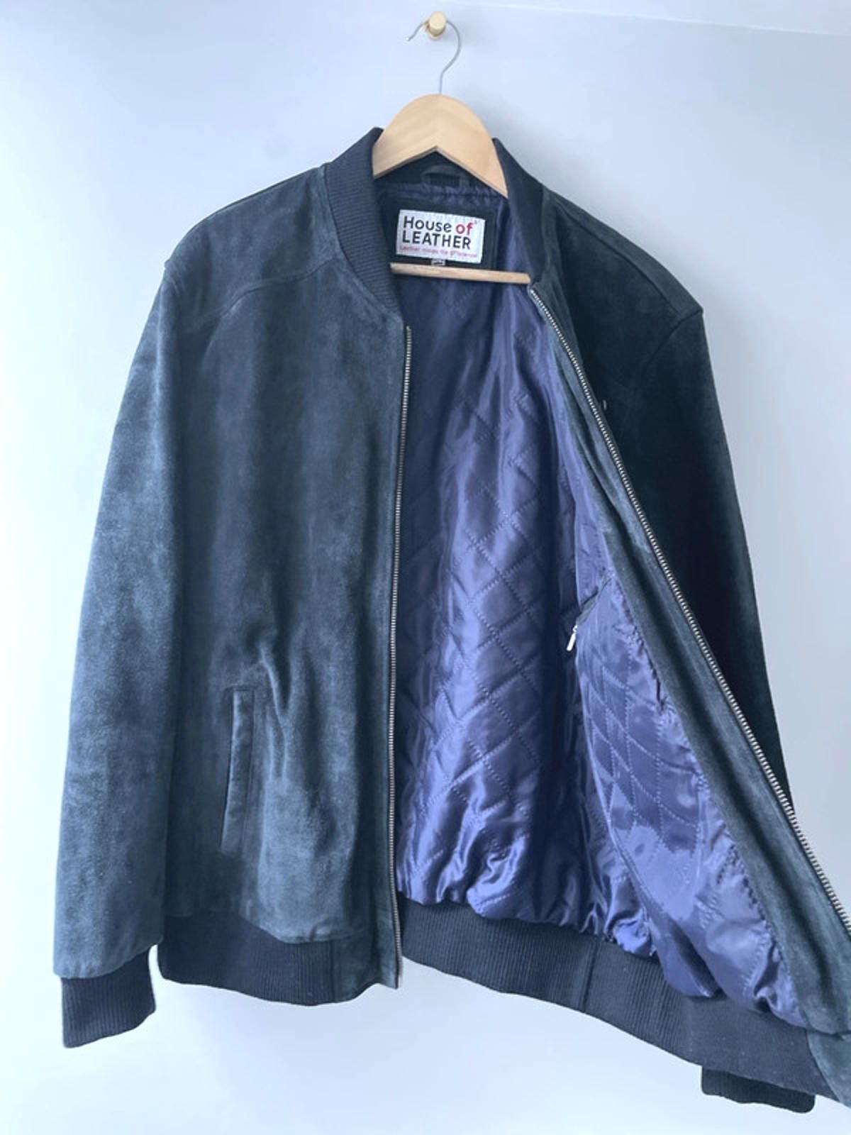 Men’s Premium Leather Suede Bomber Jacket Coat In Navy - Large - 2661
