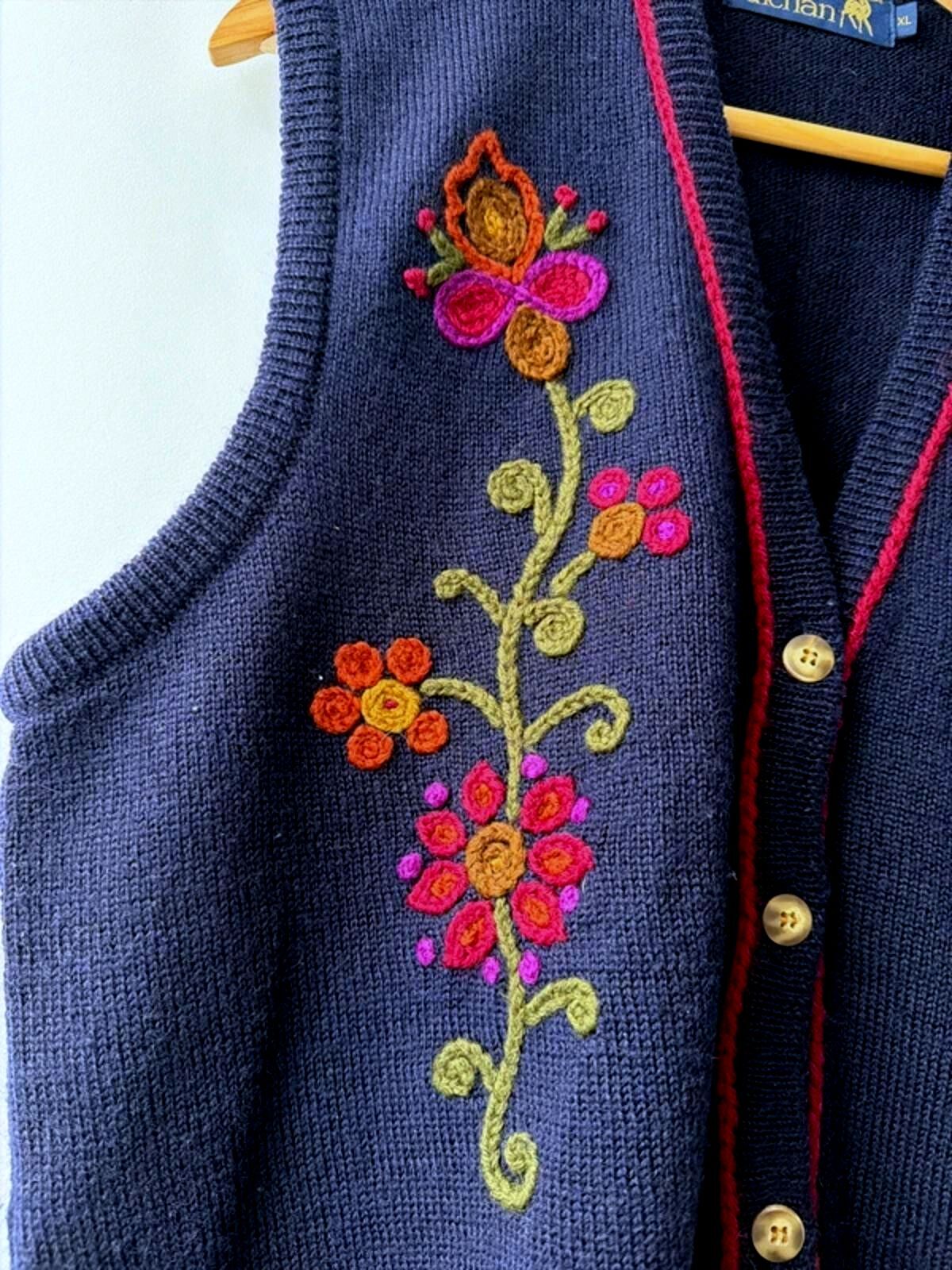 Women’s Tulchan 100% New Wool Hand Embroidered Flower Design Cardigan - XLarge - 3424
