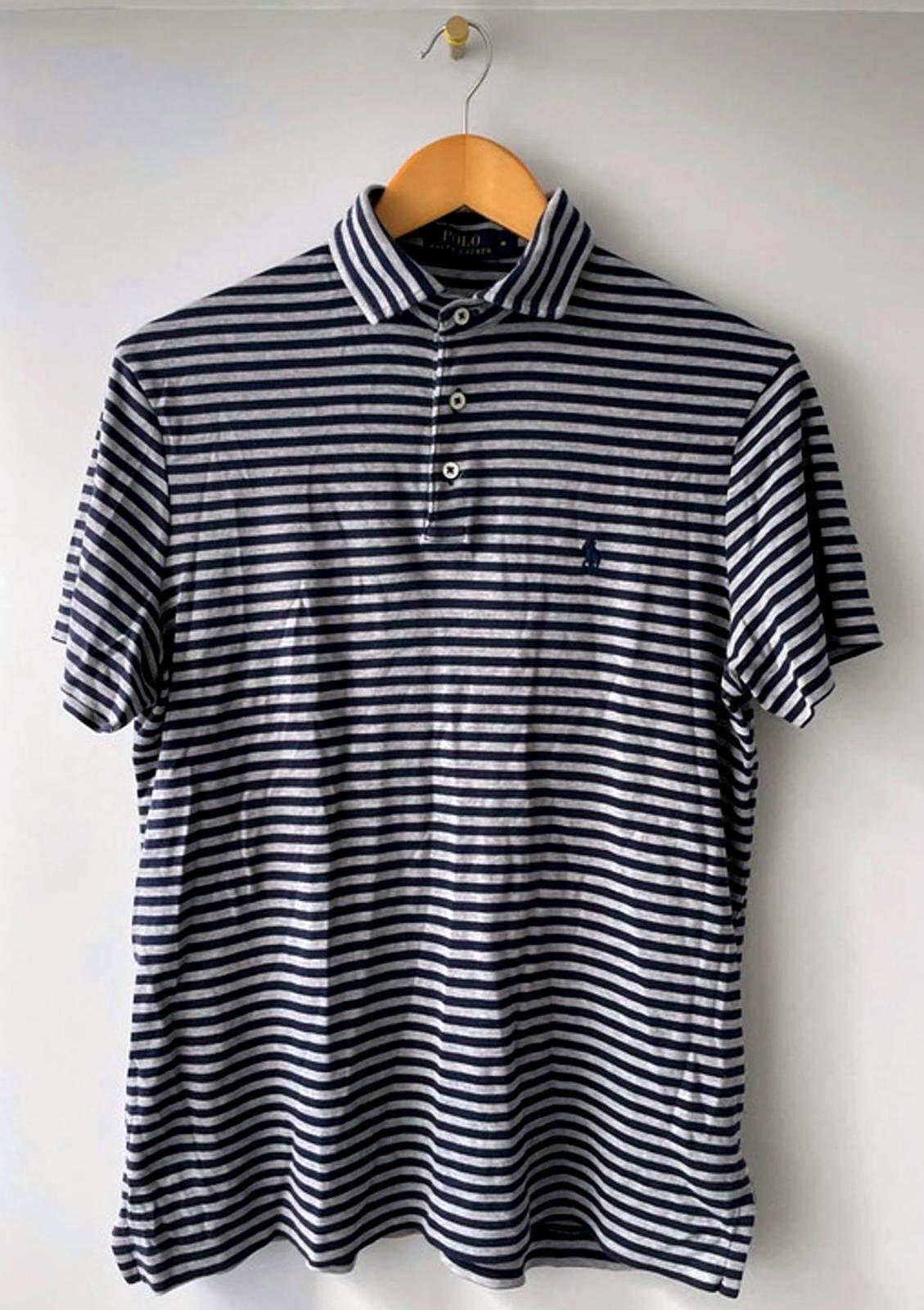 Men’s Ralph Lauren Pima Cotton Stripped Polo Top In Navy/Grey - Medium