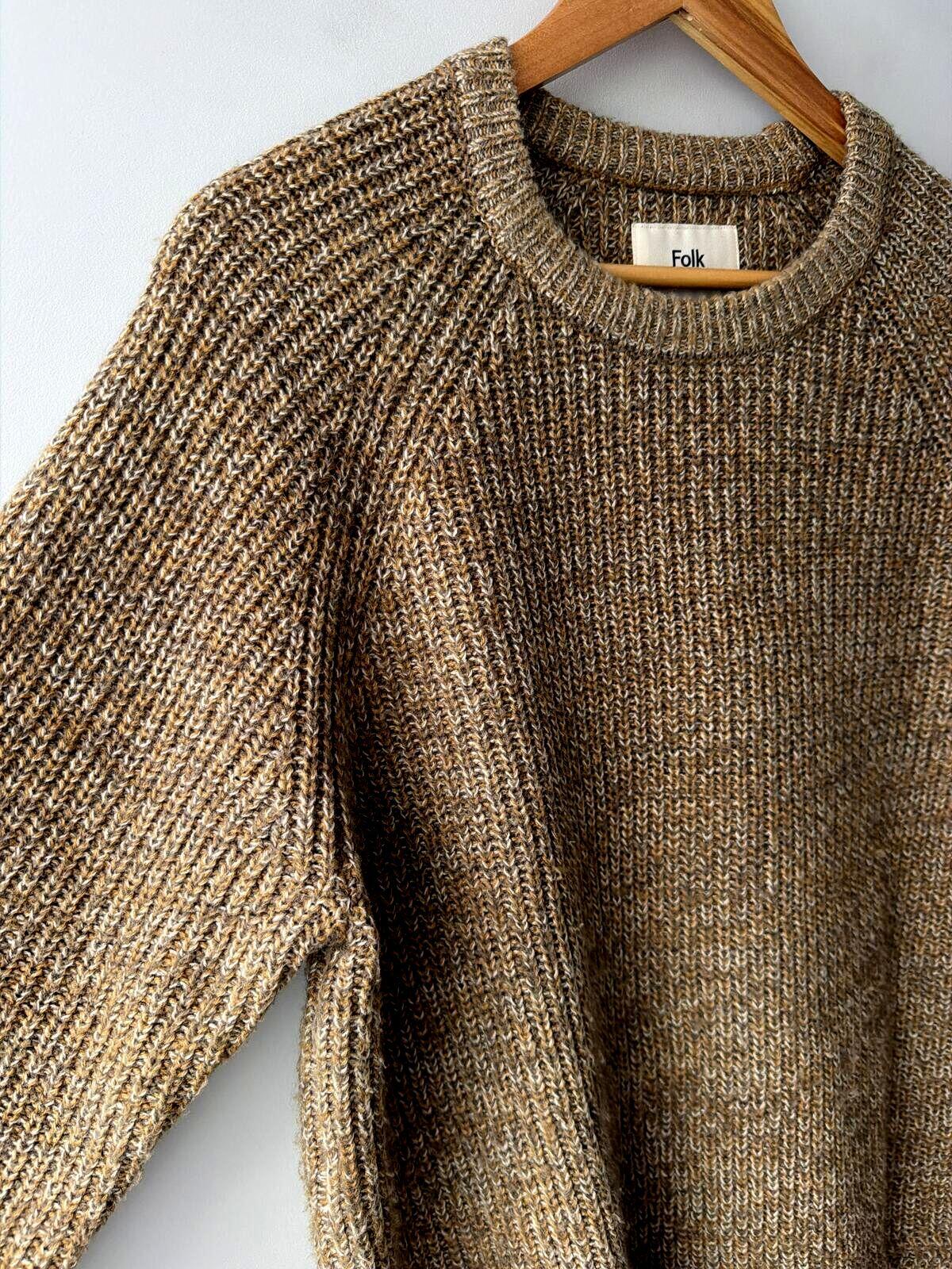 Mens Folk Wool Blend Cable Knit Crew Neck Jumper Top In beige - Medium - 3497