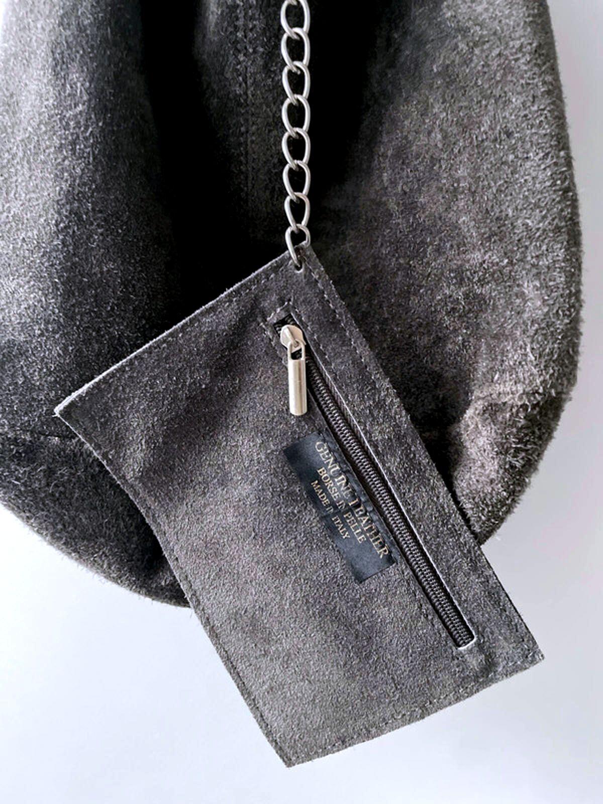 Women’s Suede Shoulder Bag With Matching Purse Made In Italy In Grey - 2838