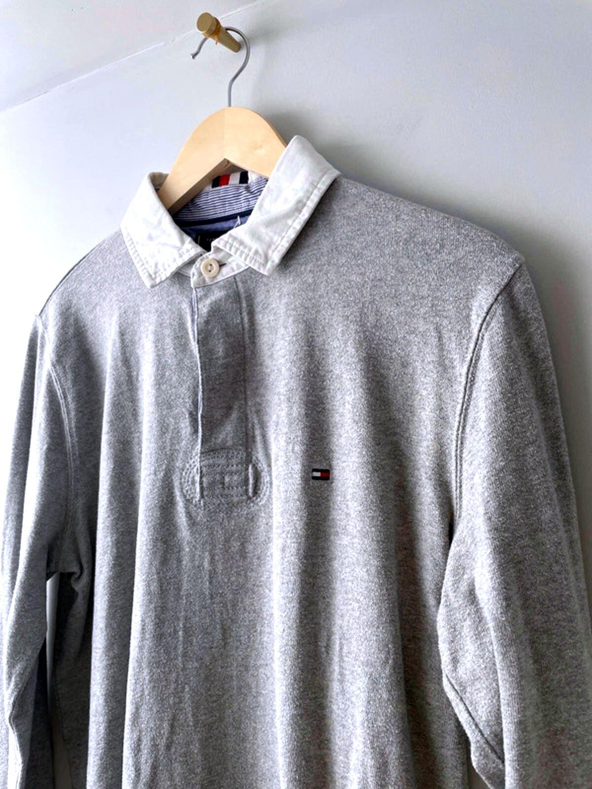 Men’s Tommy Hilfiger Long Sleeve Rugby Polo Shirt Top In Grey - Medium- 2148