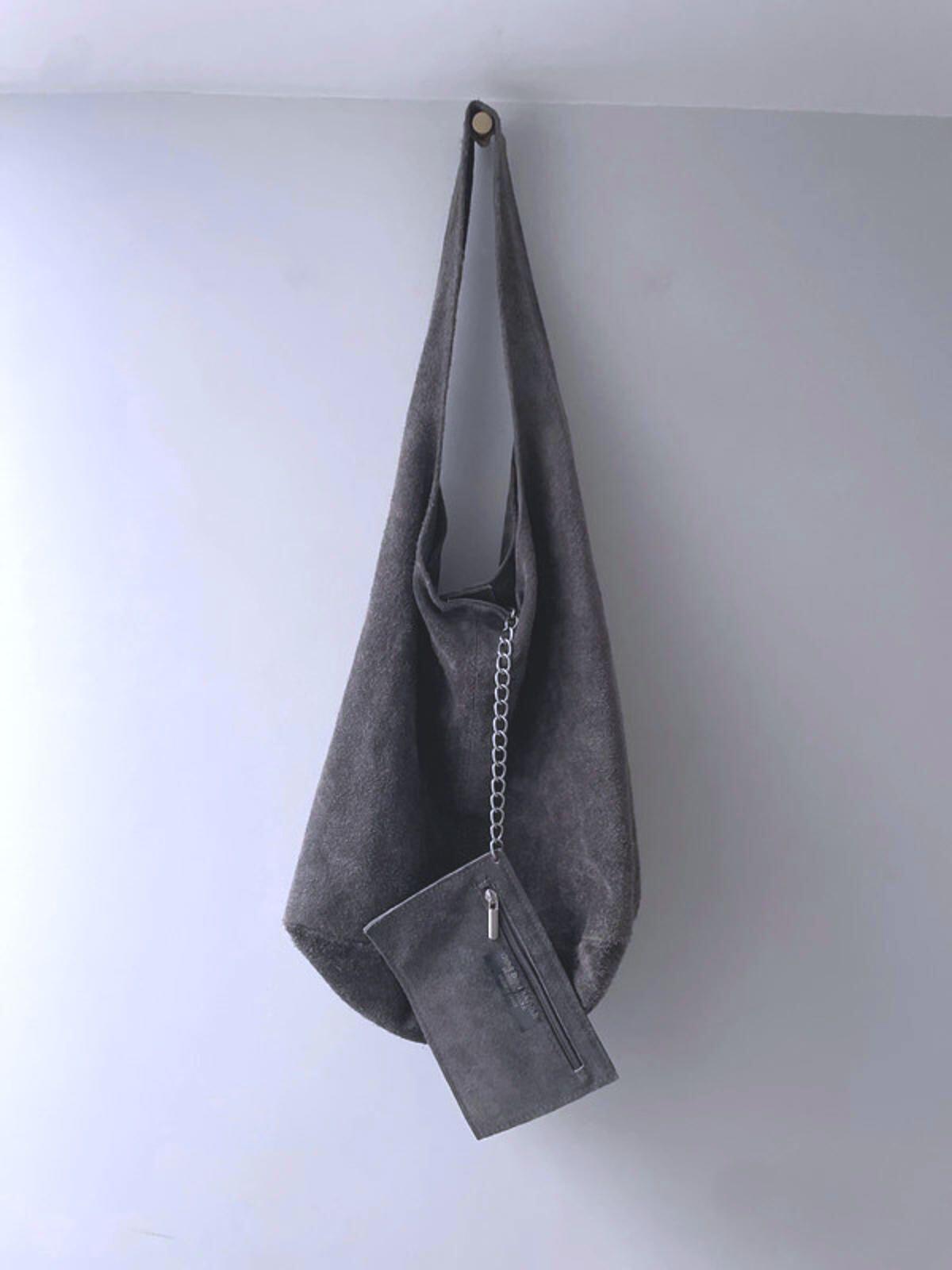 Women’s Suede Shoulder Bag With Matching Purse Made In Italy In Grey - 2838