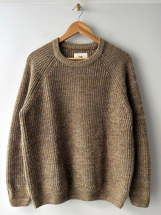 Mens Folk Wool Blend Cable Knit Crew Neck Jumper Top In beige - Medium - 3497