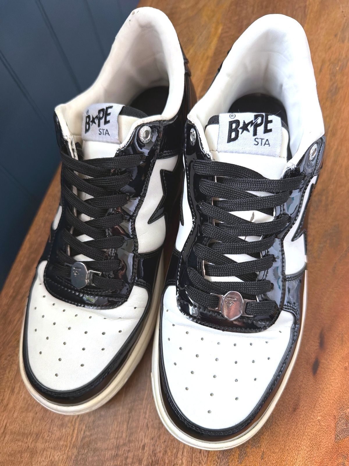 Men’s BAPE STA Black and White Patent Leather Sneakers - Uk9 - 3612