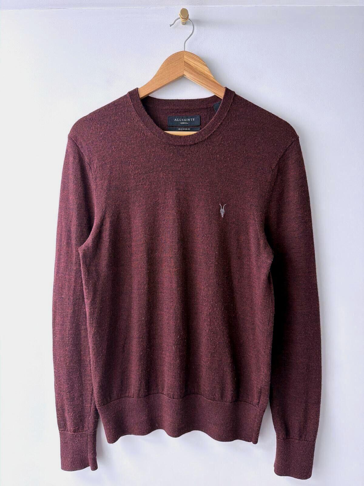 Mens AllSaints Slim Fit 100% Merino Wool Crewneck Jumper In Burg - Medium - 3508