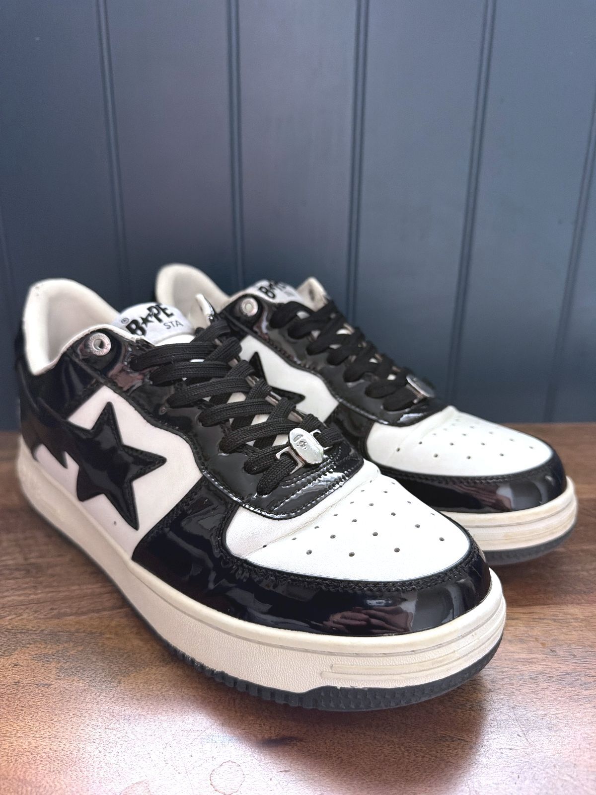 Men’s BAPE STA Black and White Patent Leather Sneakers - Uk9 - 3612