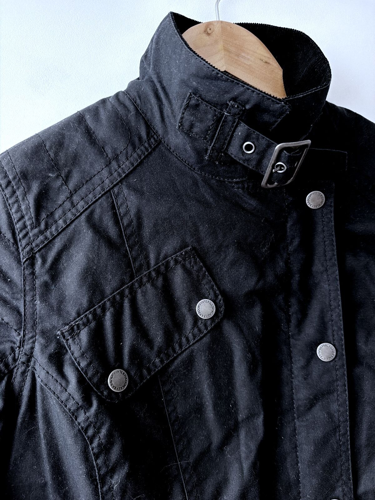 Women’s Barbour International Waxed Cotton Jacket In Black - Uk10 - 3661