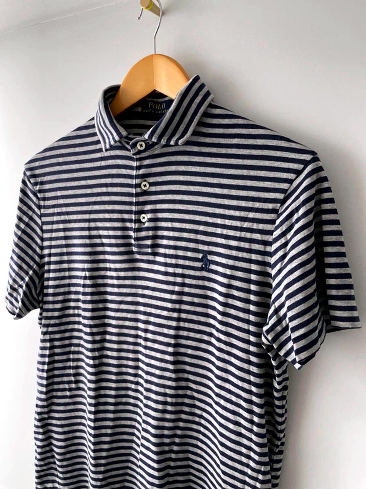 Men’s Ralph Lauren Pima Cotton Stripped Polo Top In Navy/Grey - Medium