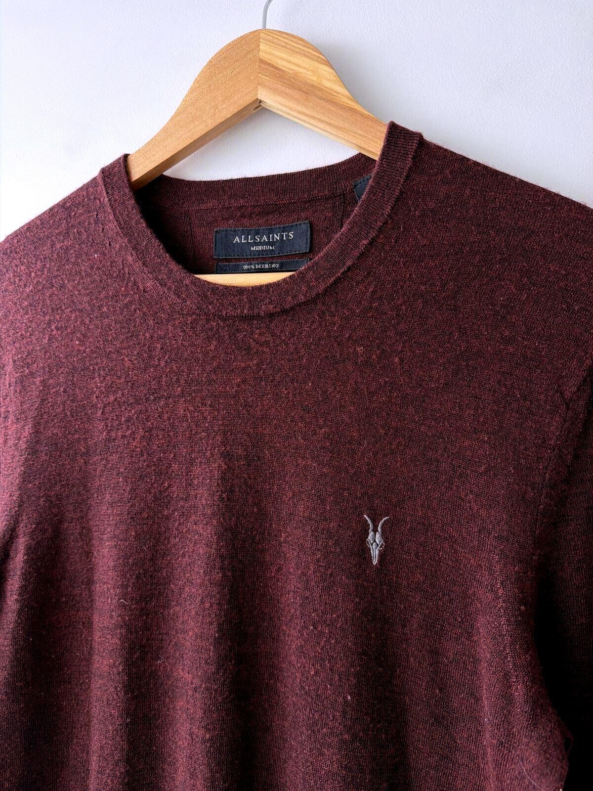 Mens AllSaints Slim Fit 100% Merino Wool Crewneck Jumper In Burg - Medium - 3508