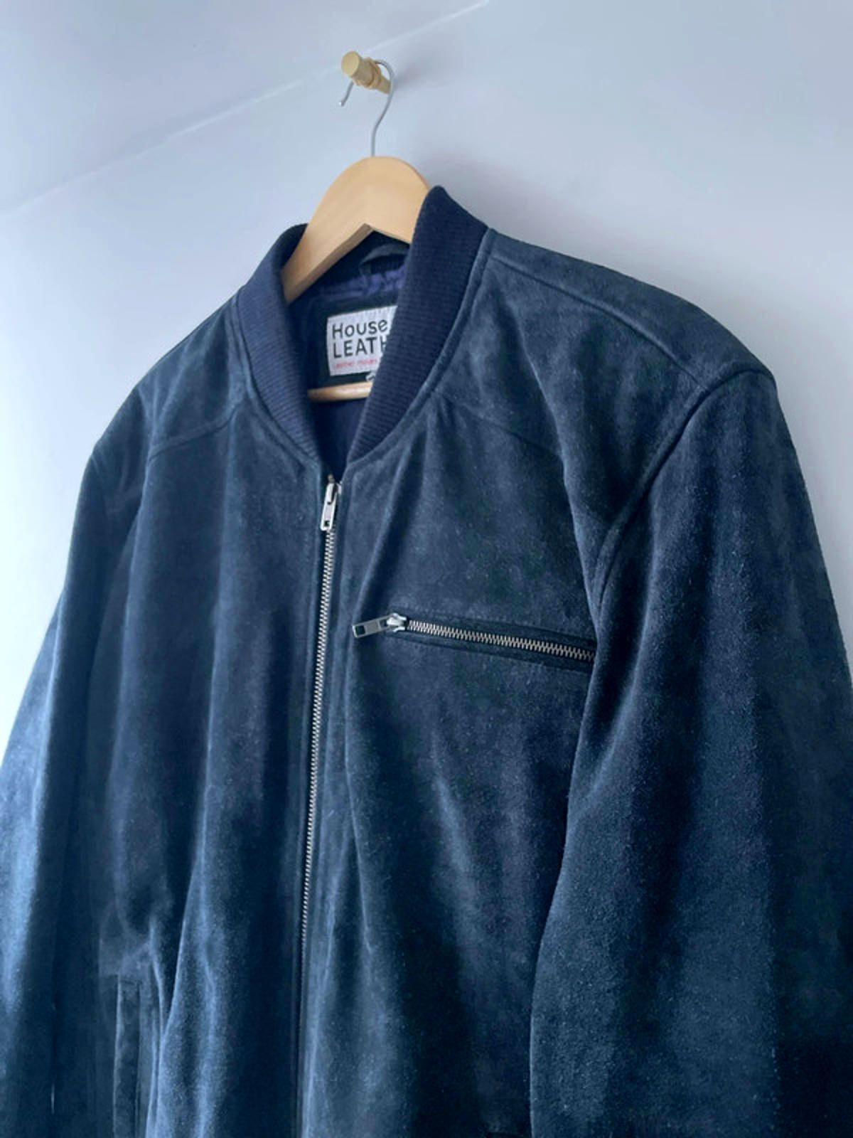 Men’s Premium Leather Suede Bomber Jacket Coat In Navy - Large - 2661