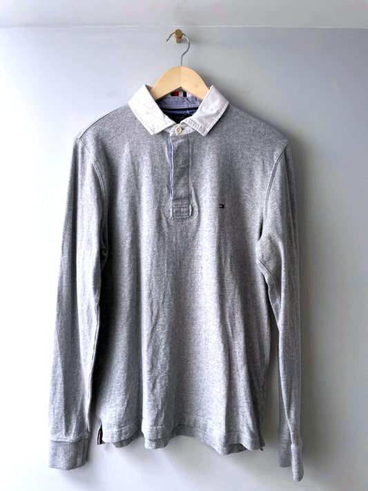 Men’s Tommy Hilfiger Long Sleeve Rugby Polo Shirt Top In Grey - Medium- 2148