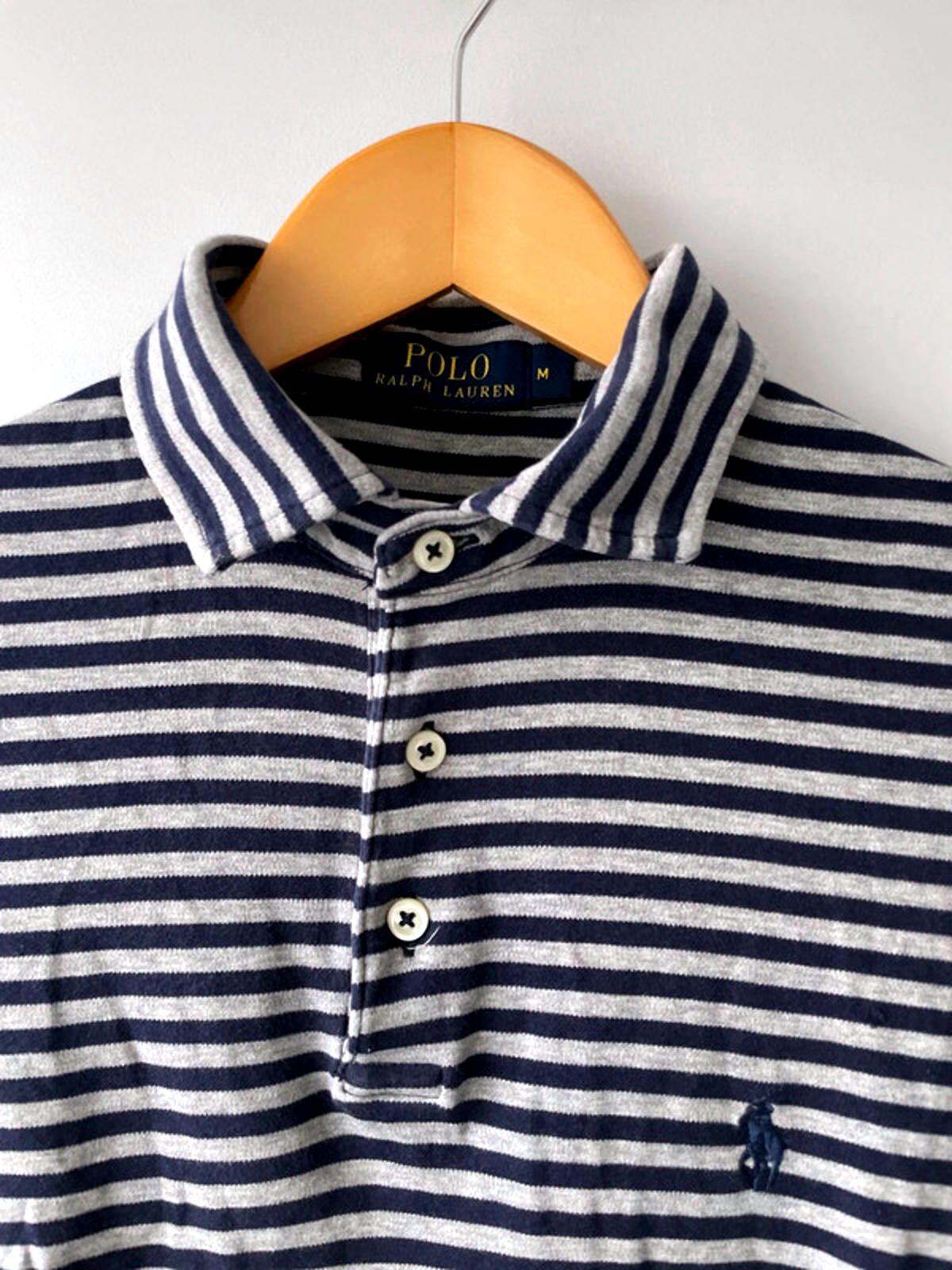 Men’s Ralph Lauren Pima Cotton Stripped Polo Top In Navy/Grey - Medium