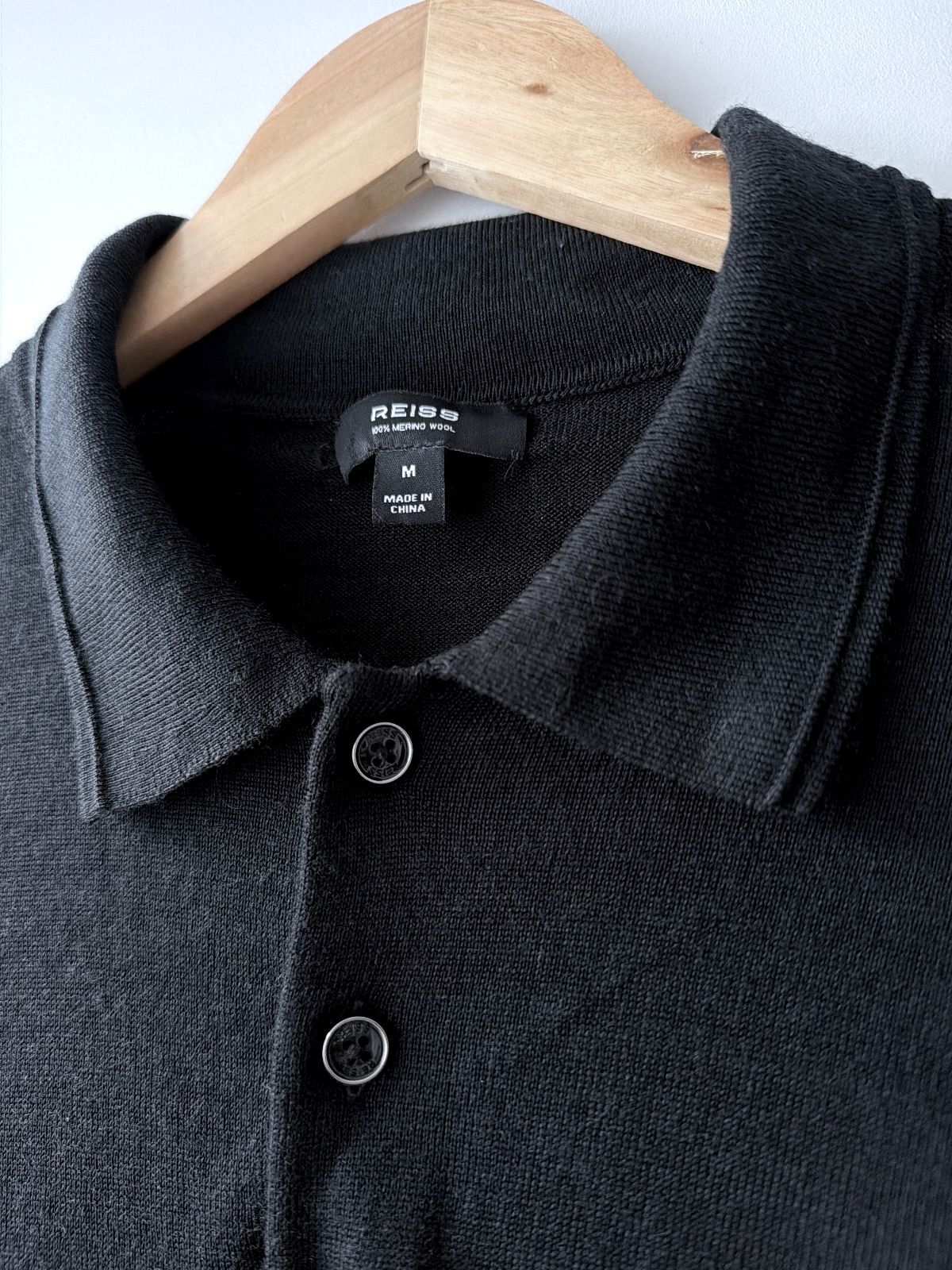 Men’s Reiss Premium Merino Wool Long Sleeve Polo Shirt Top In Black - Medium - 3646