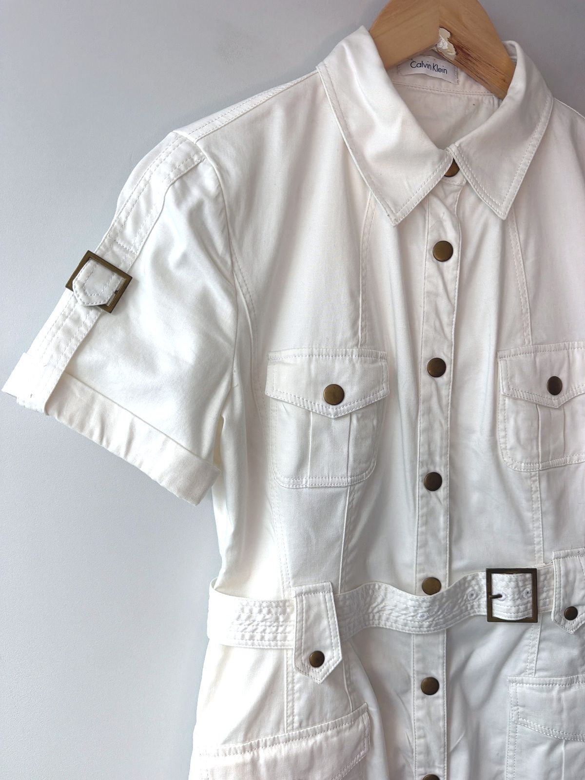 Women’s Calvin Klein Utility Belted Shirt Dress In Off White - Uk12 - 3634