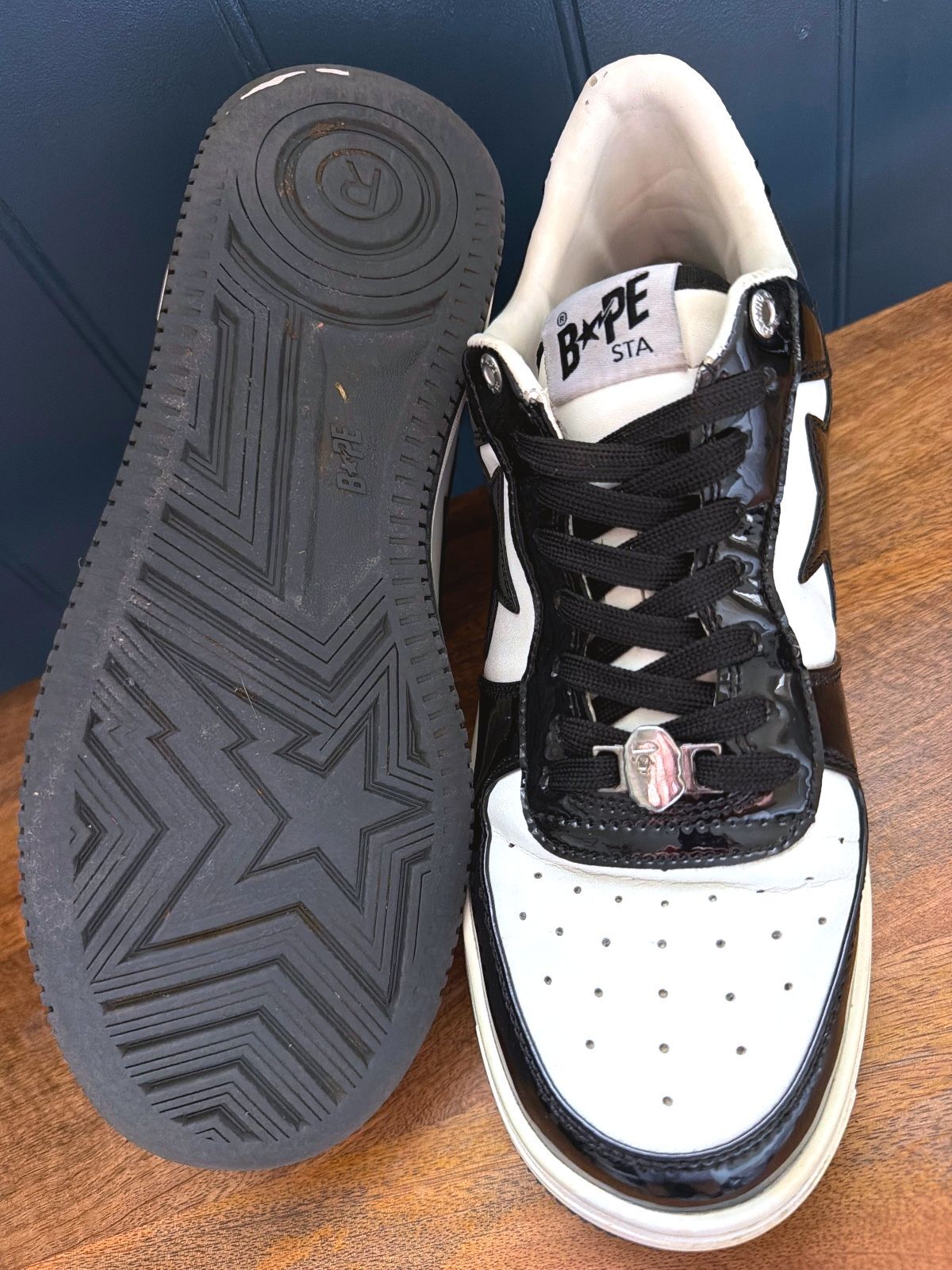 Men’s BAPE STA Black and White Patent Leather Sneakers - Uk9 - 3612