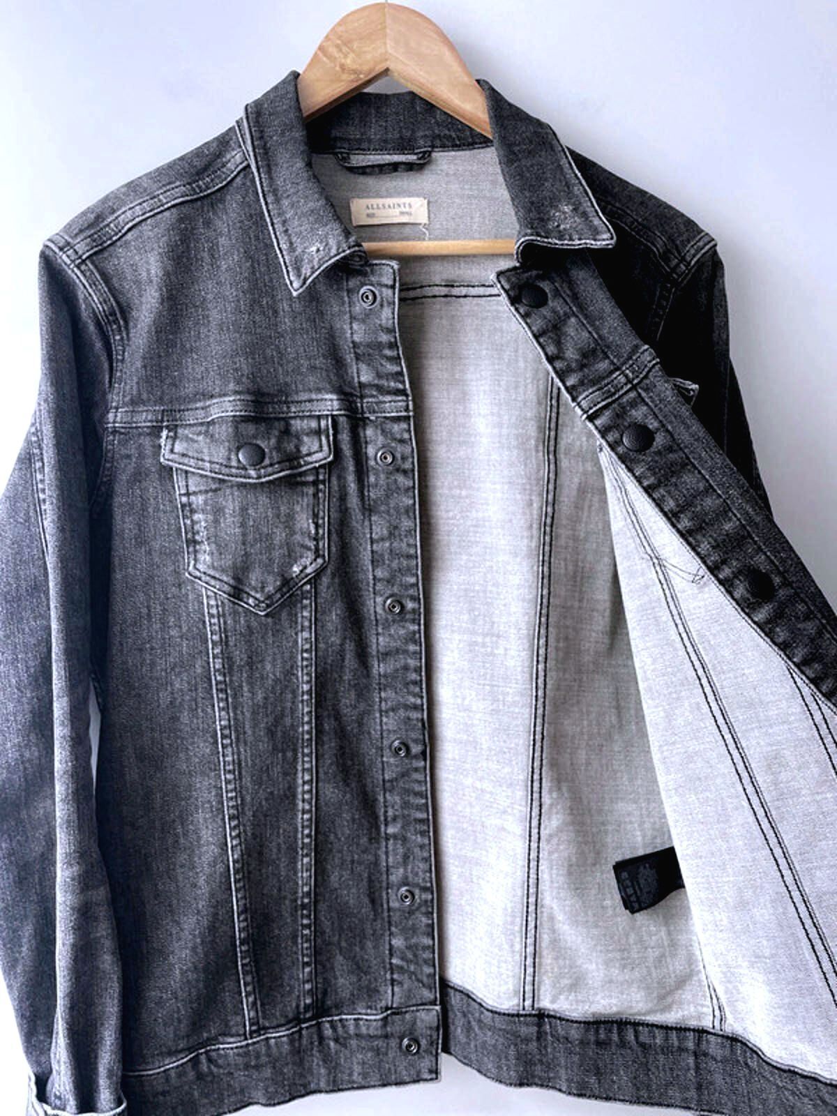 Men's Allsaints Denim Trucker Jacket Coat In Washed Black - Small - 2132