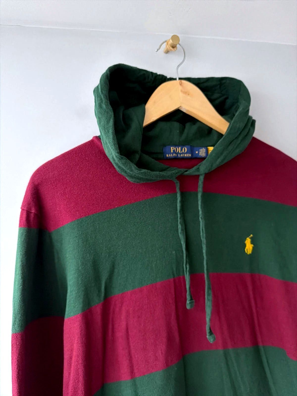 Men’s Ralph Lauren Stripped Hooded Rugby Top In Burgundy/Green - Medium - 2682
