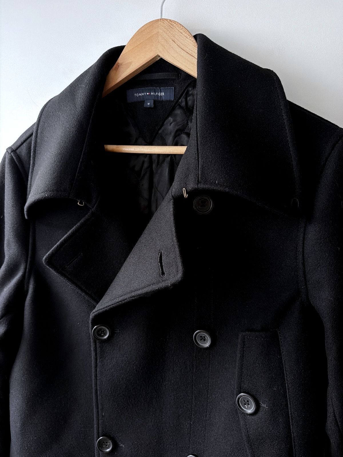 Men’s Tommy Hilfiger Wool Double Breasted Peacoat Jacket In Black - Medium -3805