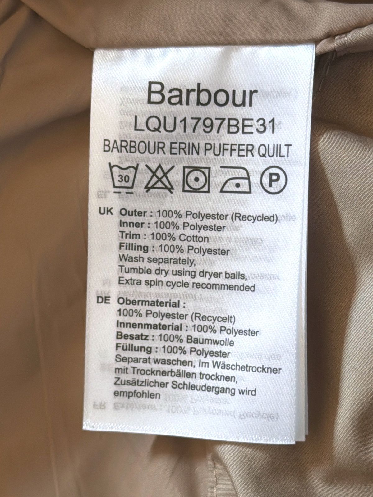 Women’s Barbour Erin Hooded Quilted Puffer Jacket In Beige - UK16 - 3706