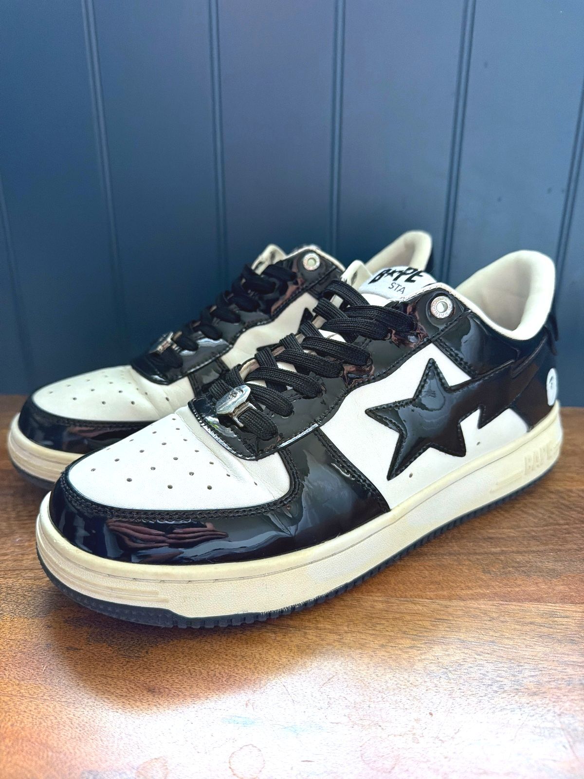 Men’s BAPE STA Black and White Patent Leather Sneakers - Uk9 - 3612